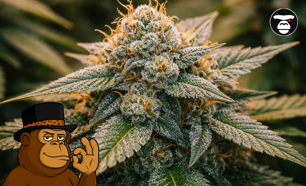 Best Weed Strains In Fairfield Extreme close-up of a resinous cannabis bud with white trichomes and orange hairs.