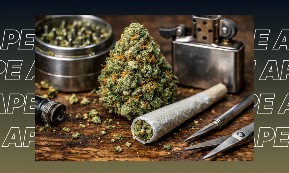 Cannabis flower bud next to a rolled joint, grinder, and lighter.