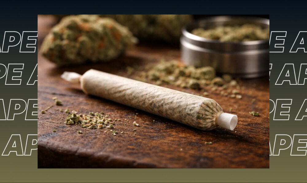 Hand-rolled cannabis joint on a wooden table with flower in the background.