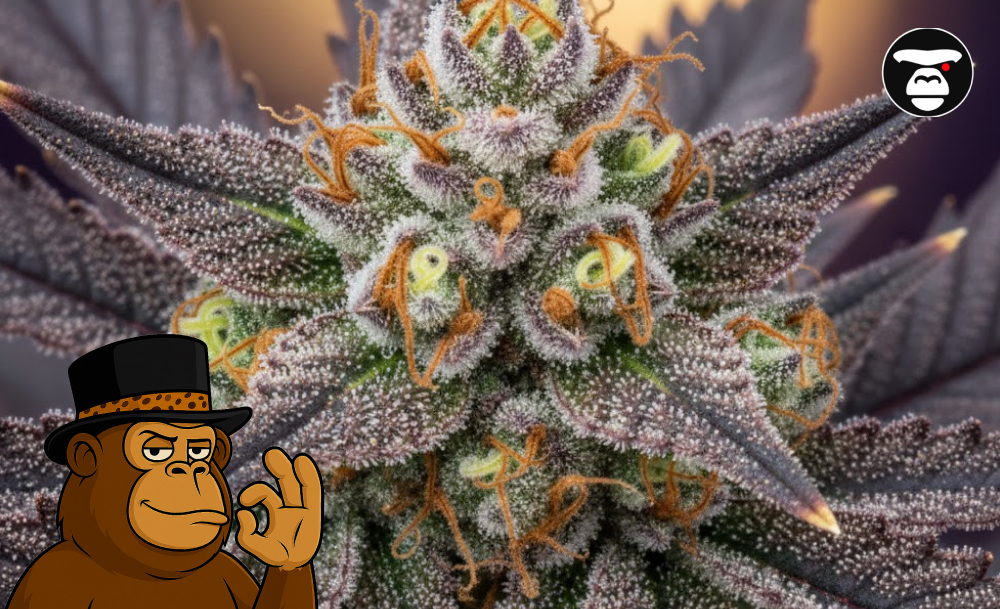 Macro shot of a purple cannabis flower with dense white trichomes and orange pistils.