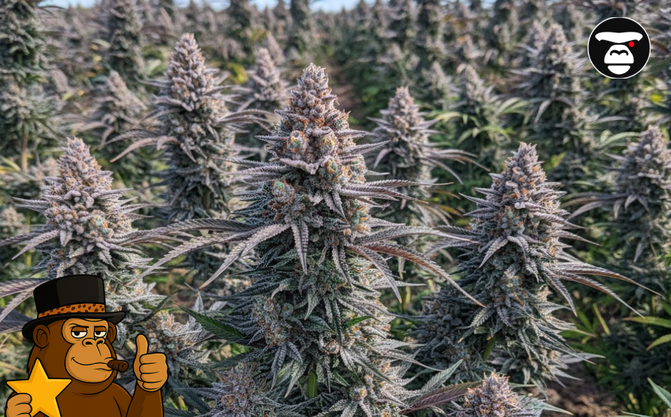 Rows of purple cannabis plants flowering in a large-scale garden.