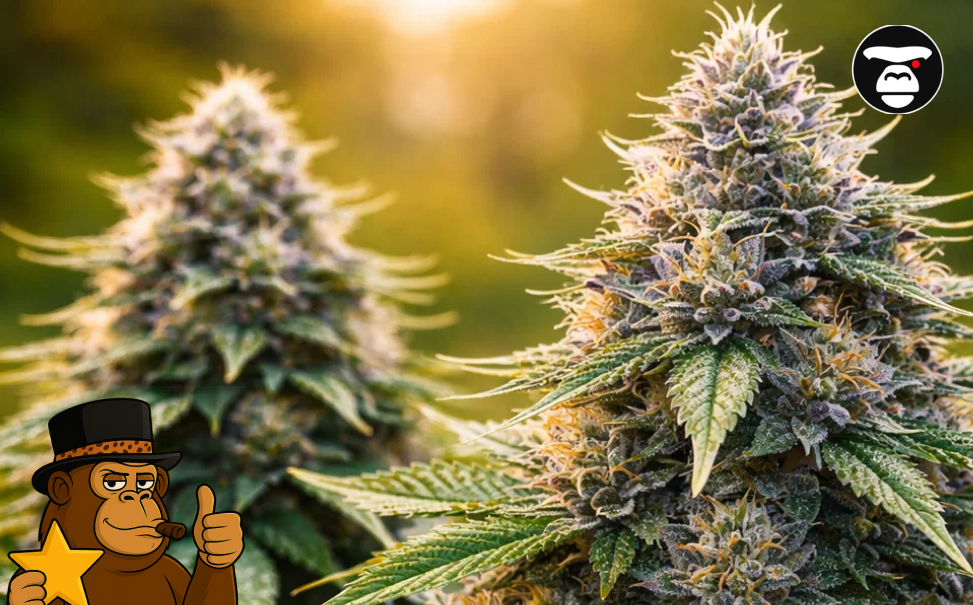 Two large, mature cannabis colas growing in a sunlit environment.