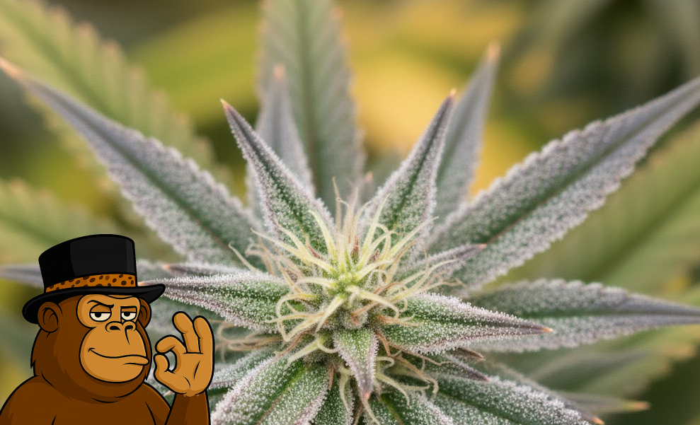 Macro shot of a young cannabis flower under grow lights.