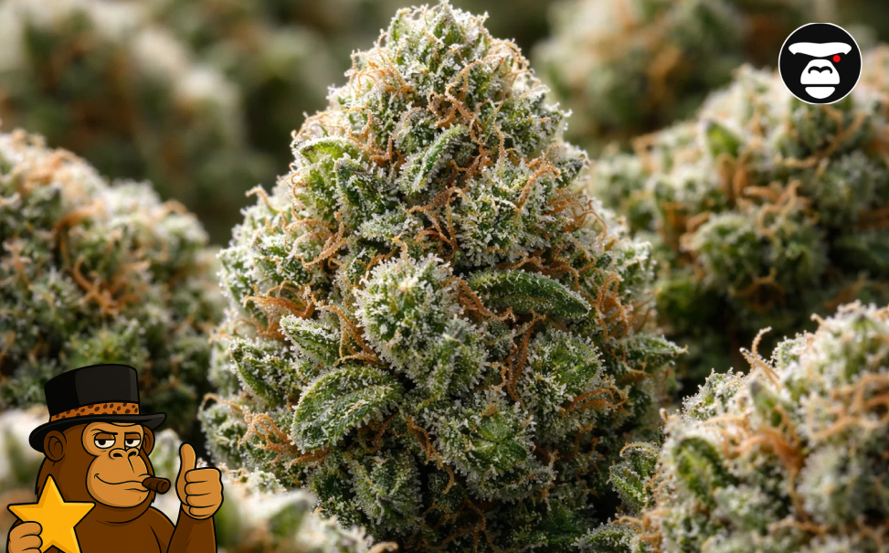A tightly packed cannabis flower with bright orange pistils and heavy crystal coating.