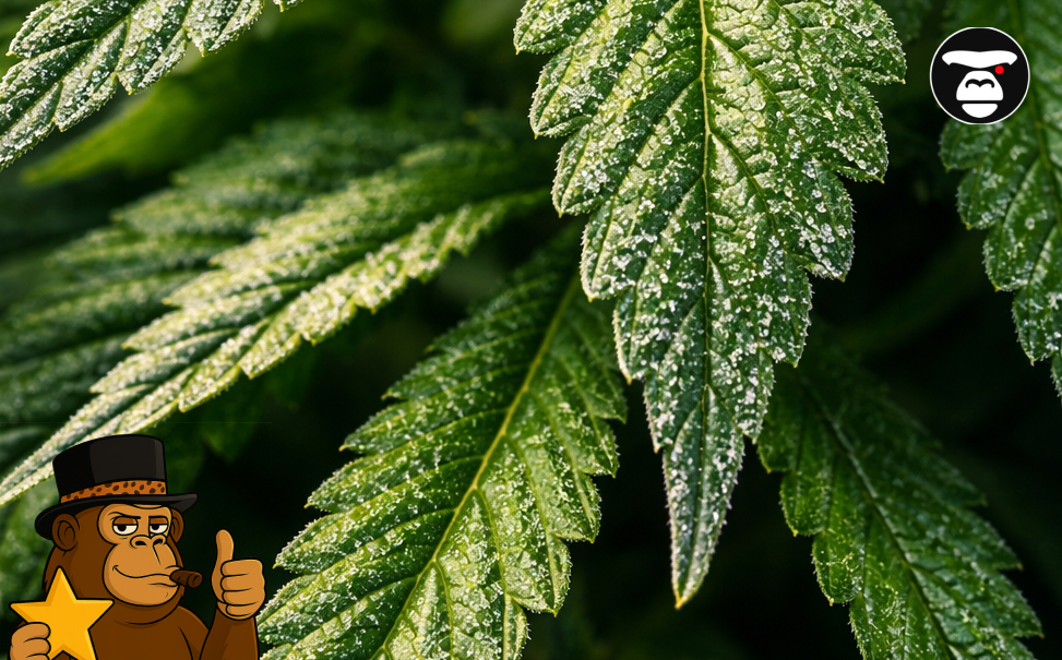 Best Weed Strains In West Sacramento Close-up of vibrant green cannabis leaves with crystalline dew.