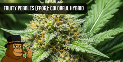 Close-up of a Fruity Pebbles (FPOG) cannabis bud showcasing frosty trichomes and vibrant orange hairs.