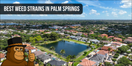 An aerial shot of a Palm Springs residential area with a central lake, highlighting the local scene for premium cannabis flower.