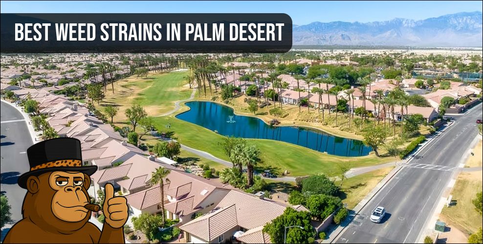 An aerial landscape view of Palm Desert, California, featuring luxury homes, a green golf course, a blue lake, and distant mountains under a clear sky. A cartoon gorilla in a hat giving a thumbs-up is in the corner. Text overlay reads "BEST WEED STRAINS IN PALM DESERT".