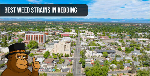 An aerial view of the Redding cityscape with the Sundial Bridge and Sacramento River, representing the best weed strains in Redding.