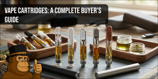 Macro shot of golden cannabis oil inside premium vape cartridges alongside terpene-rich extracts.