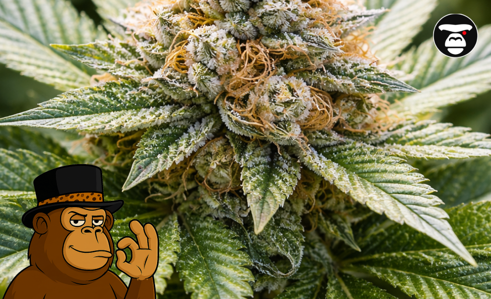 Extreme close-up of a frosty cannabis bud with vibrant amber pistils.