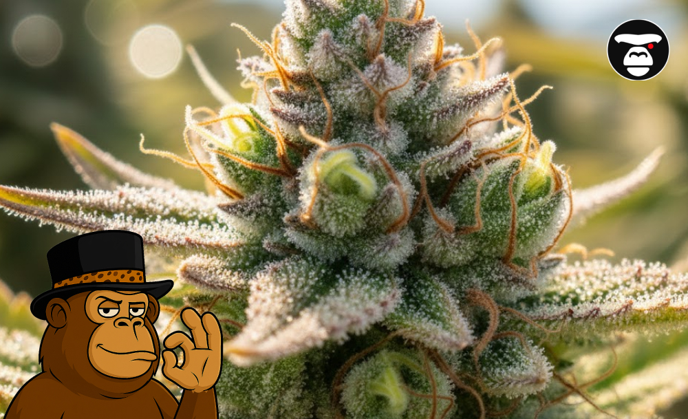 Macro photography of a dense cannabis bud covered in white crystalline trichomes and amber pistils.