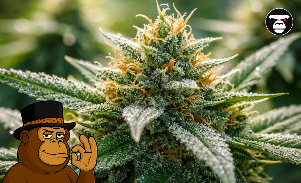 Best Weed Strains In Pleasanton A macro close-up of a bright green cannabis bud heavily dusted with white crystalline resin.