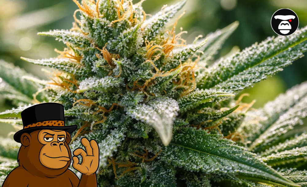 Macro close-up of a vibrant green cannabis bud covered in a thick layer of white crystalline trichomes.