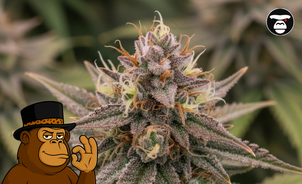 A close-up shot of a frosty purple cannabis bud covered in trichomes, with a cartoon gorilla making an 'OK' hand sign in the foreground.