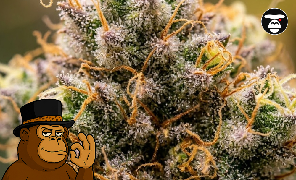 A close-up view of a vibrant cannabis bud with striking purple leaves and orange hairs, covered in a frost of white trichomes. A Gorillape cartoon mascot is in the corner.