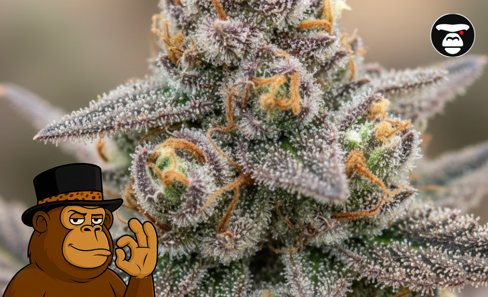 A macro close-up of a purple and green cannabis bud covered in white trichomes and bright orange hairs.