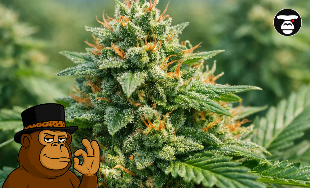 Close-up macro photography of a frosty cannabis bud with dense white trichomes and vibrant orange hairs.