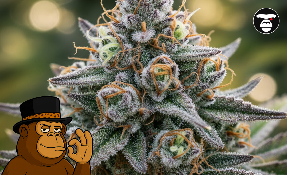 Macro photography of a frosty green cannabis flower covered in dense white trichomes and vibrant orange hairs.