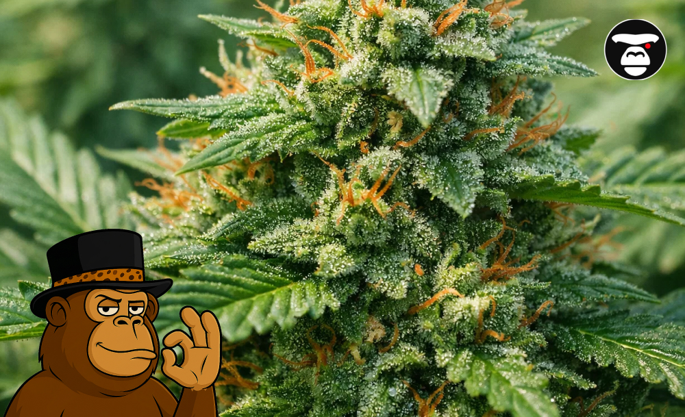 Macro photography of a frosty green cannabis flower covered in dense white trichomes and vibrant orange hairs.