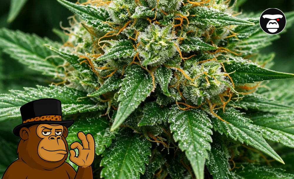 Close-up macro photography of a resin-rich cannabis flower showcasing milky trichomes and vibrant orange pistils.