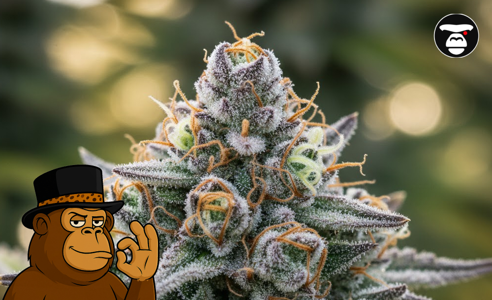 Macro shot of a dense cannabis flower with white trichomes and orange hairs, representing top cannabis strains in Yuba City.