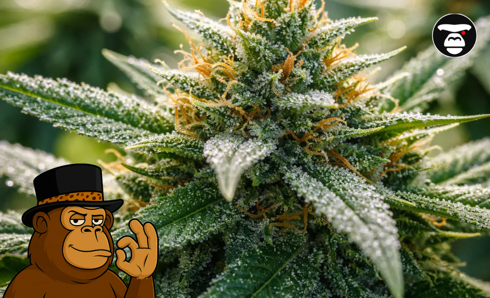 Close-up macro photography of a frosty cannabis flower with milky trichomes, showcasing top cannabis strains in Chico.