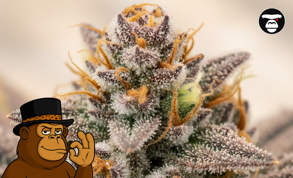 Extreme close-up of a resin-rich cannabis bud with purple hues and white trichomes, showcasing the best weed strains in Huntington Beach.