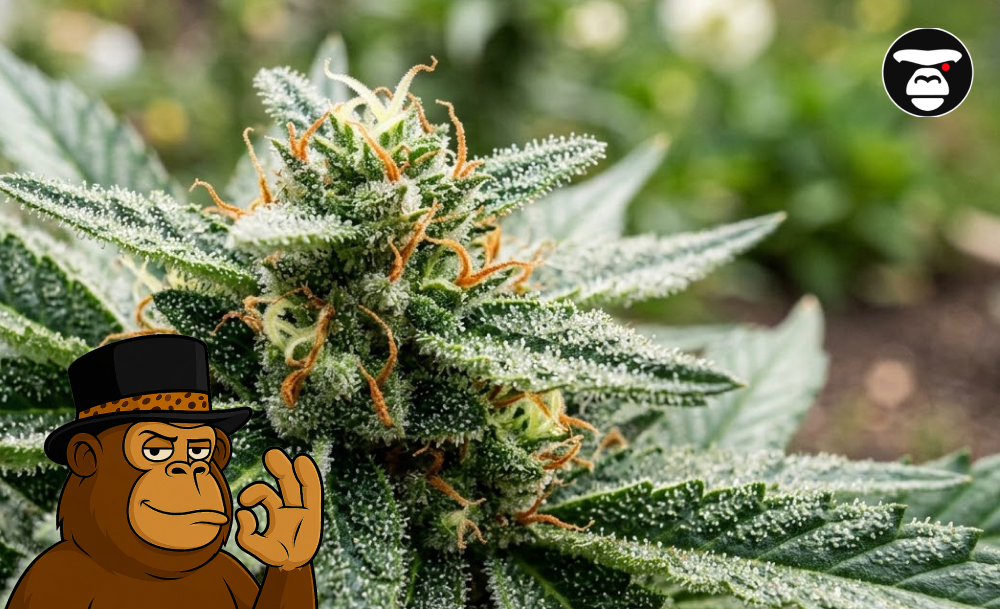 Close-up of a frosty cannabis bud with thick white trichomes and orange hairs, showcasing the best weed strains in Carlsbad.