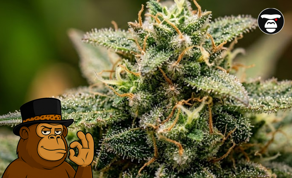 Macro photography of a frosty medicinal cannabis bud with orange hairs.