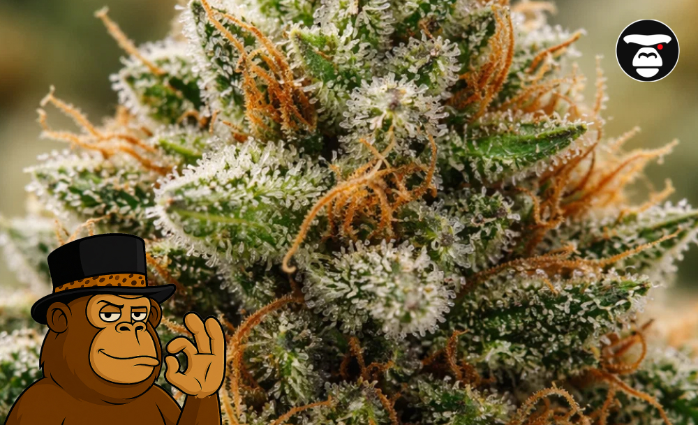 Macro photography of a dense cannabis bud with vibrant orange hairs and a thick coating of crystalline trichomes.