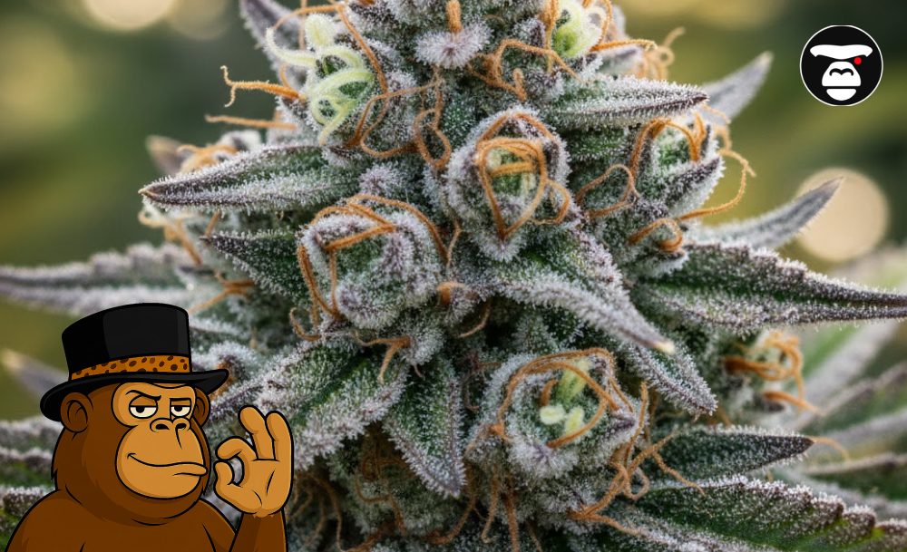 Macro photography of a dense, resinous cannabis bud featuring vibrant orange hairs and crystalline trichomes.