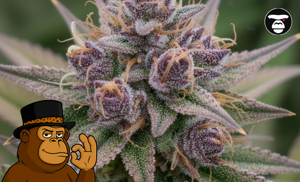 Macro shot of a resinous cannabis bud with deep purple leaves, bright orange pistils, and frosty trichomes.