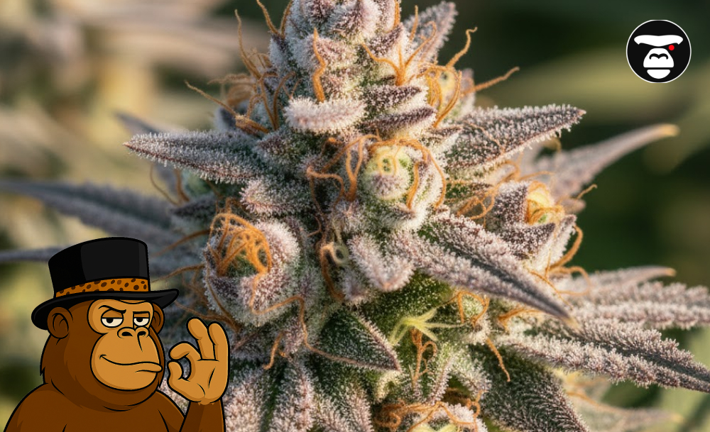 Two dense, lime green Mango Haze sativa buds displayed against a colorful smoke background.