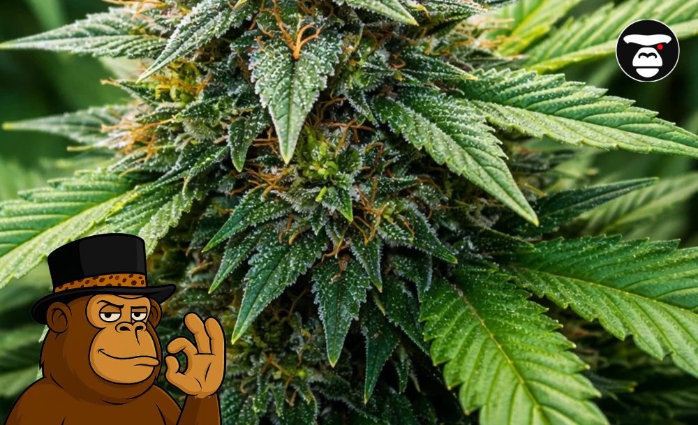 Best Weed Strains In Long Beach A detailed macro shot of a frosty cannabis flower with dense trichomes and vibrant orange hairs, showcasing top cannabis strains in Long Beach.