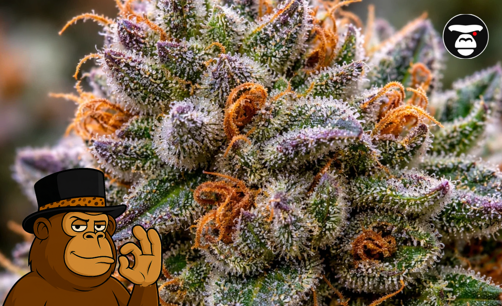 Close-up of a purple-tinted cannabis bud covered in white trichomes, showcasing top cannabis strains in Culver City.