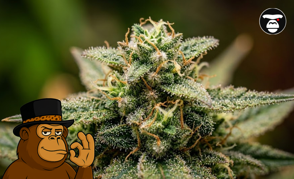 Macro shot of a cannabis flower with dense white trichomes and orange hairs.