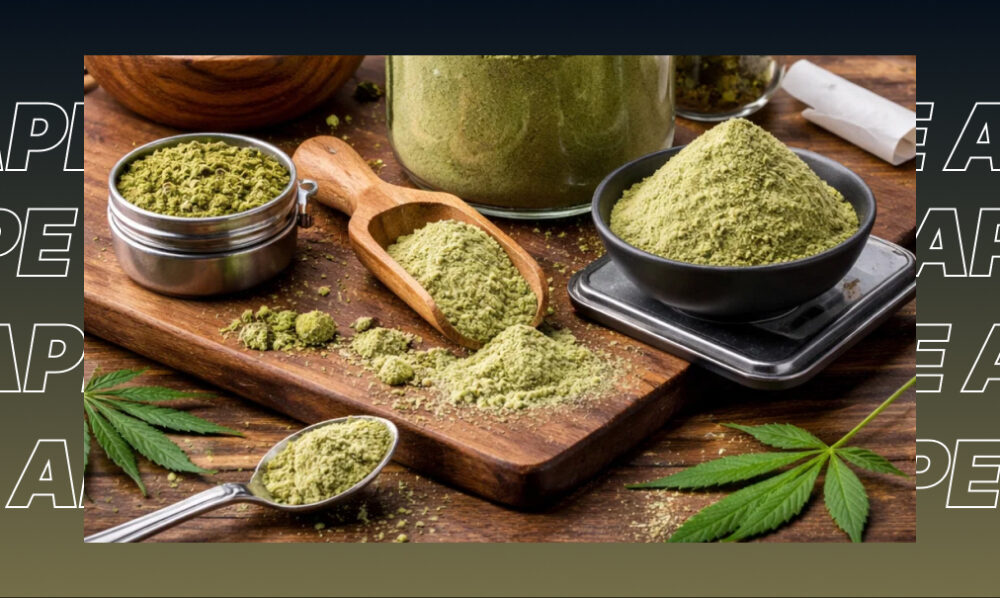 Best Weed Strains In Delano A collection of processed cannabis flower and kief in bowls with a wooden scoop on a rustic table.