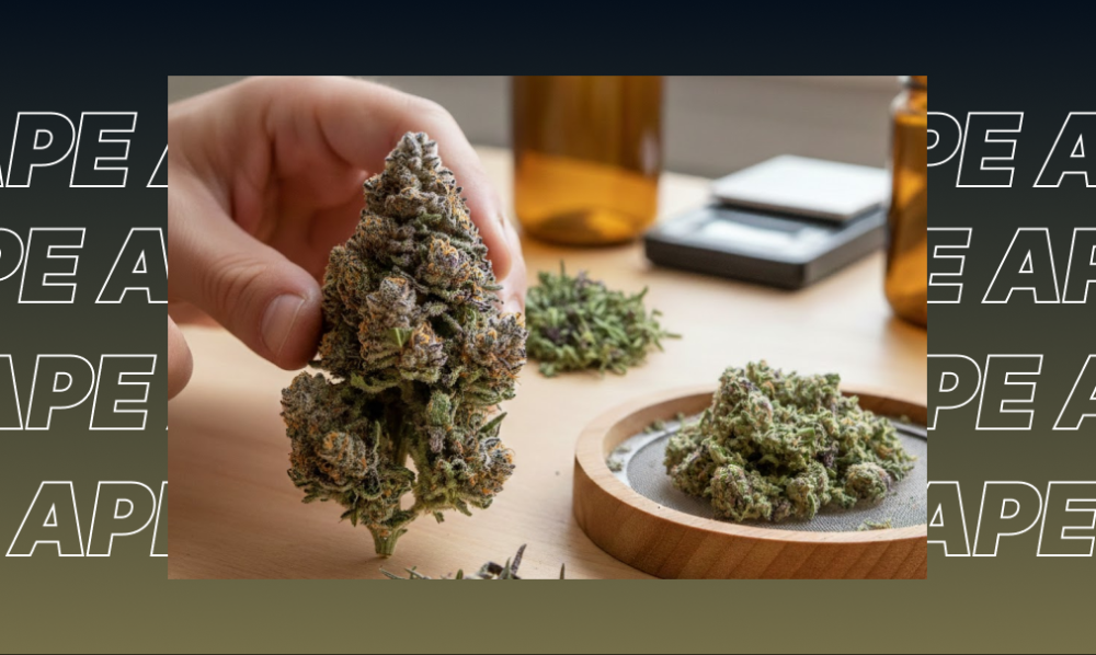 A hand holding a large, frosty Fruity Pebbles OG cannabis cola over a wooden table with scales and jars.