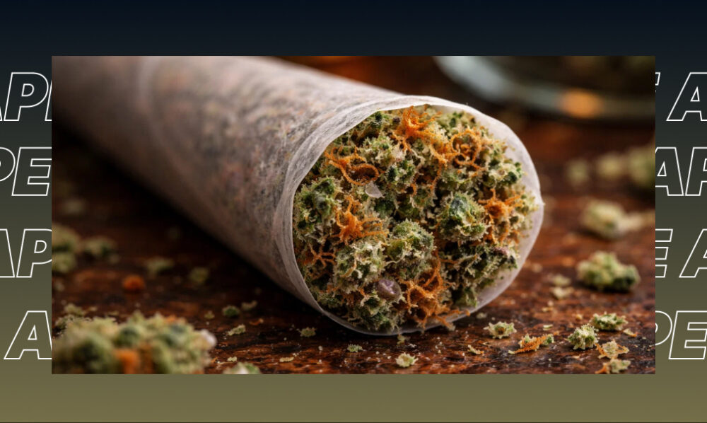 Best Weed Strains In Redondo Beach Close-up of a cannabis pre-roll showing the vibrant green and orange textures of the flower inside.