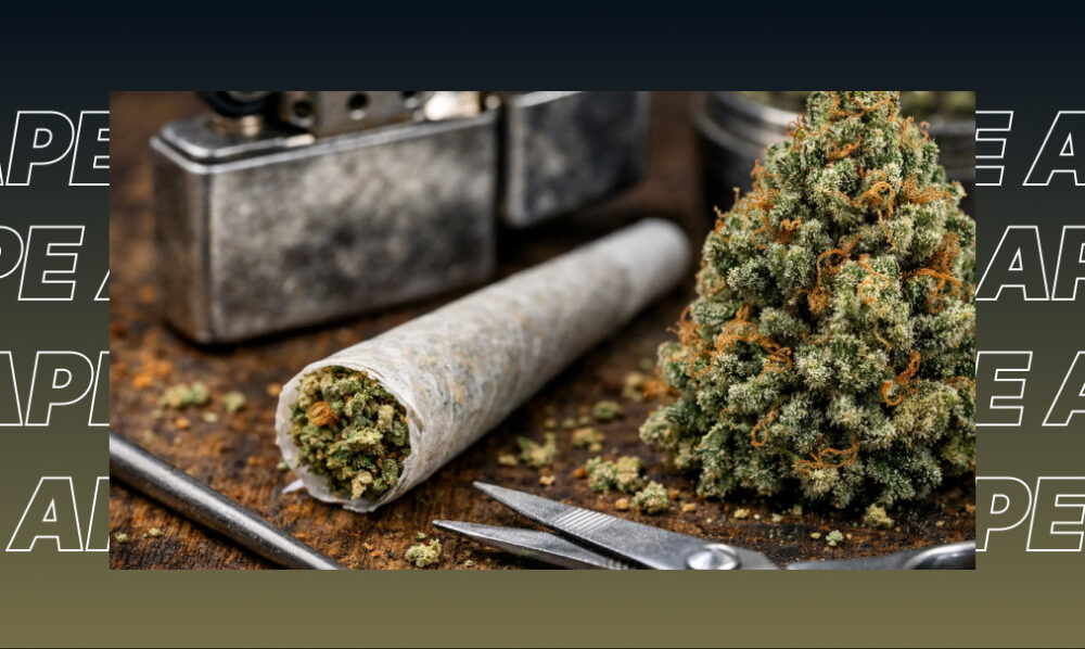 A hand-rolled cannabis joint resting on a wooden surface next to a pile of ground green flower and metal shears.
