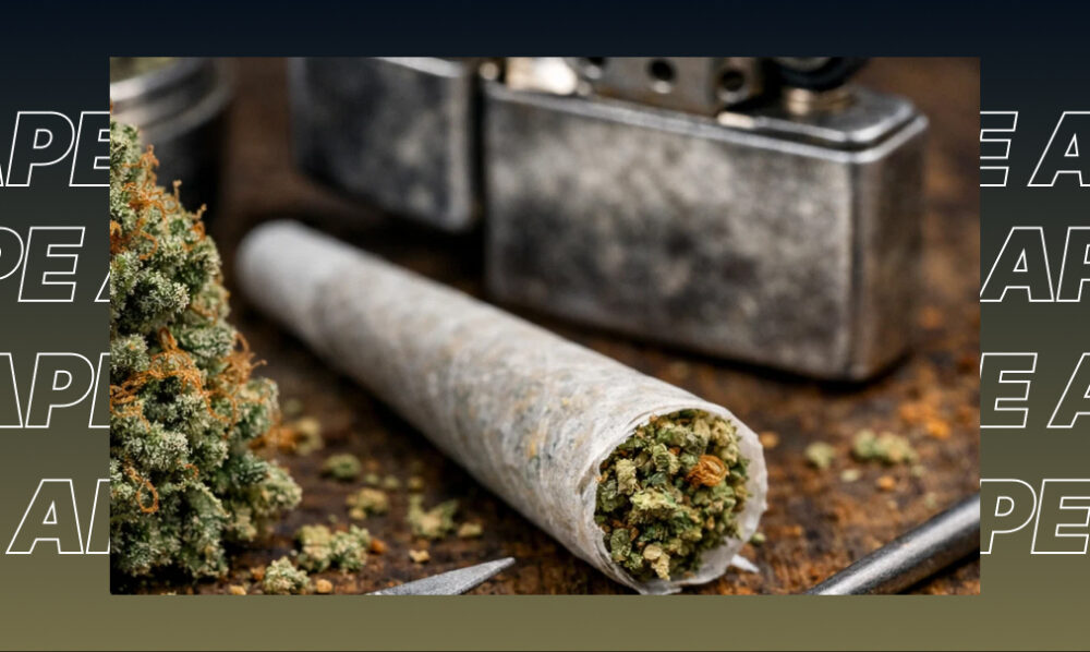 A close-up of a rolled cannabis joint and a fresh pile of ground flower on a rustic wooden surface.