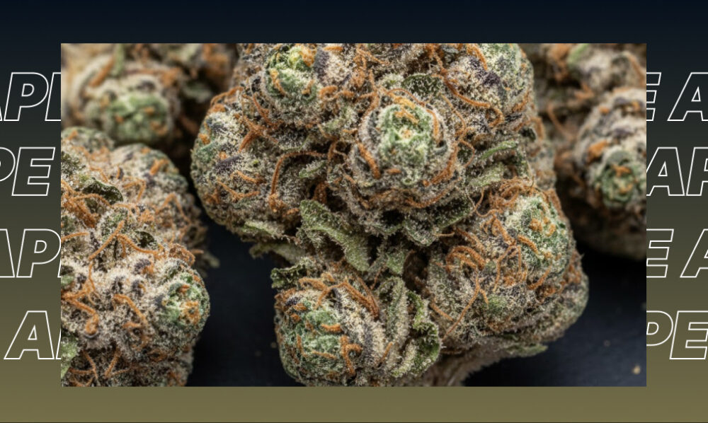 A hand-rolled joint lying next to a pile of ground green cannabis flower and a metal lighter on a dark surface.