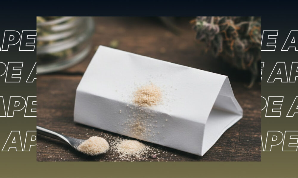 Fine blonde cannabis kief being measured on a silver spoon and white paper, highlighting concentrated resin glands and THC content.