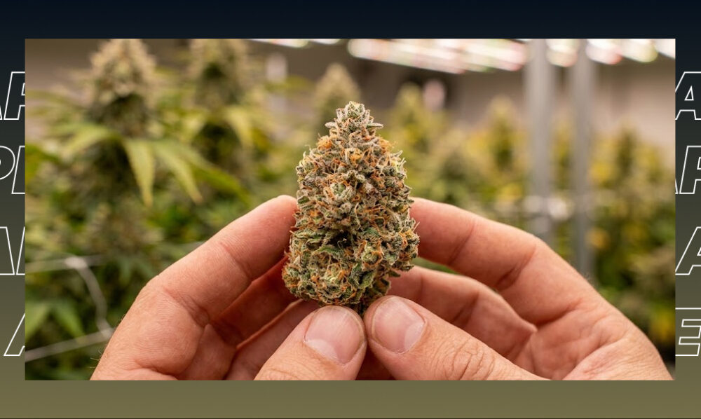 Best Weed Strains In Hesperia A person holding a dense, resinous cannabis bud in a cultivation facility.