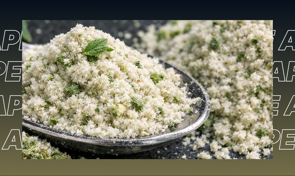 A silver spoon holding a pile of blonde cannabis kief and small green flower particles over a dark background.