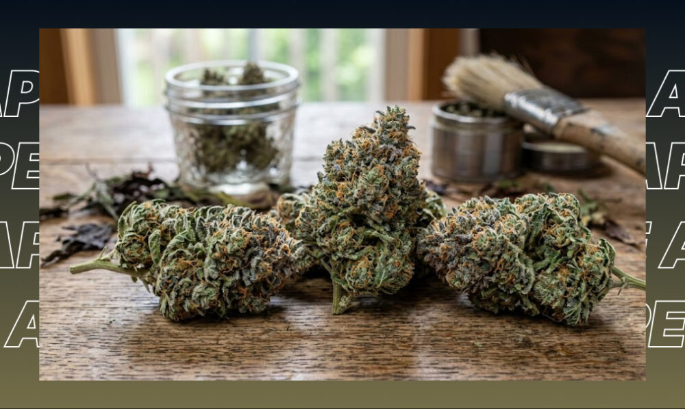 Three large, hand-trimmed cannabis buds with diverse colors and heavy frosting, showcasing the best dispensary strains in Redding.