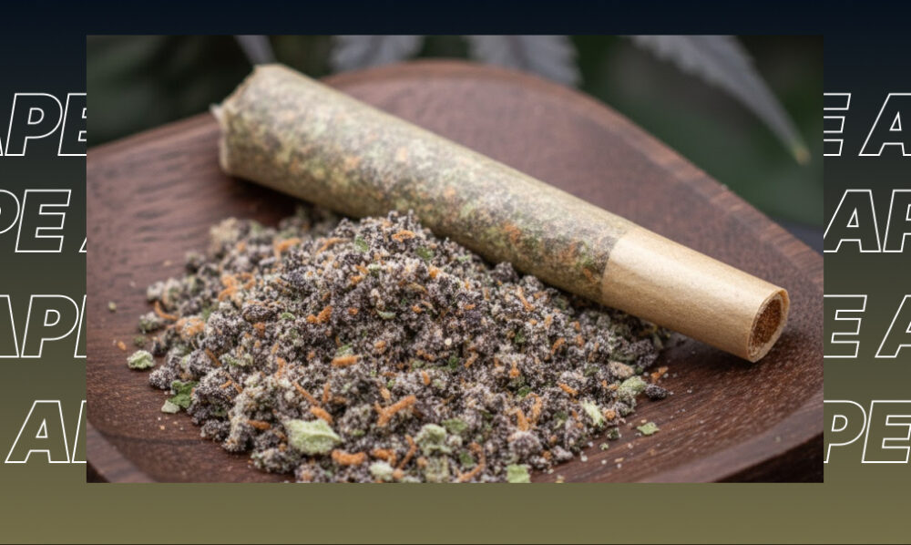 Ground green cannabis flower spread evenly on a rolling paper atop a dark wooden surface.