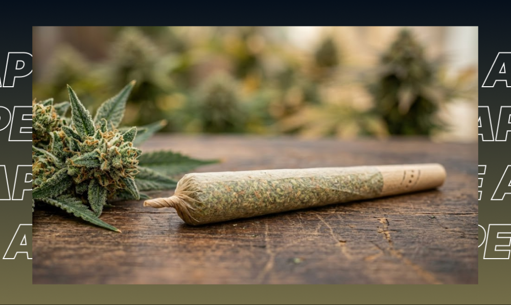 A professionally rolled cannabis joint resting on a wooden table next to a dense, resinous flower.