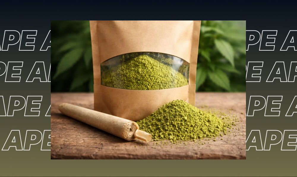 A brown paper package of ground green cannabis flower next to a hand-rolled joint on a wooden surface.